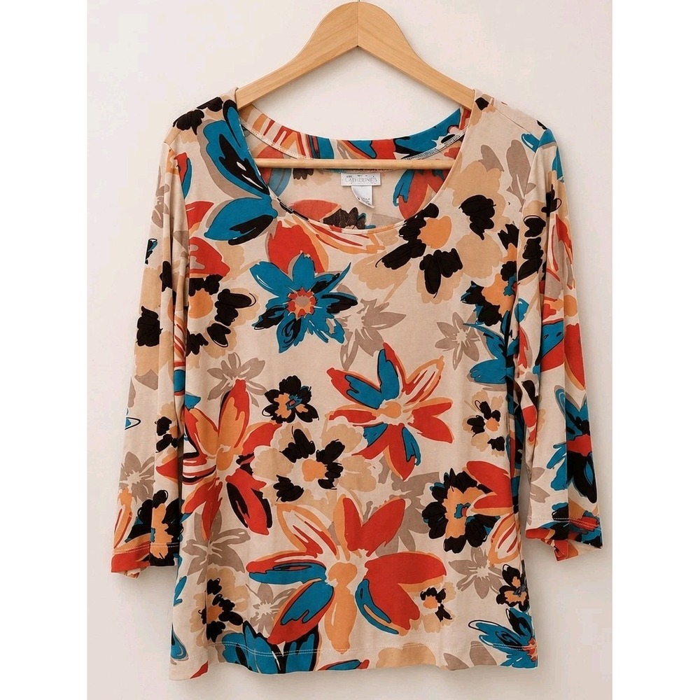 Chico's Travelers Size Large Floral Top Blue Orange Beige 3/4 Sleeve Stretch